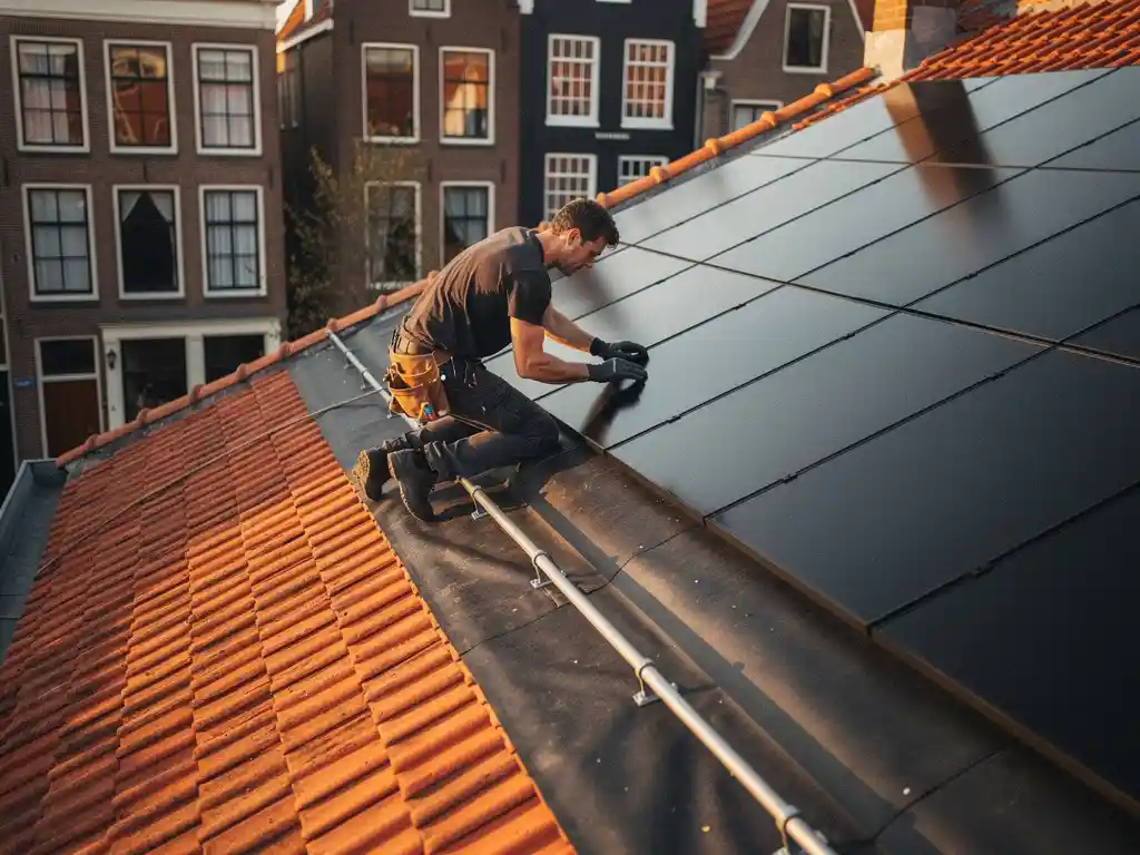 Dakdekker installeert zwarte zonnepanelen op gerenoveerd Hollands pannendak met zichtbaar waterdicht membraan, traditionele bakstenen huizen op de achtergrond.