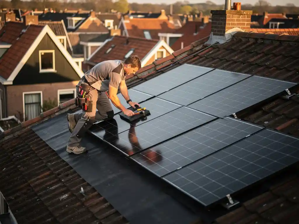 Vakman installeert zonnepanelen op gerenoveerd schuin dak met donker bitumenfolie, Nederlandse woonwijk op de achtergrond.