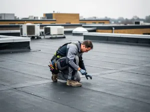 Dakspecialist inspecteert plat bitumineus dak van een groot appartementencomplex, met ventilatie-units en dakranden op de achtergrond.