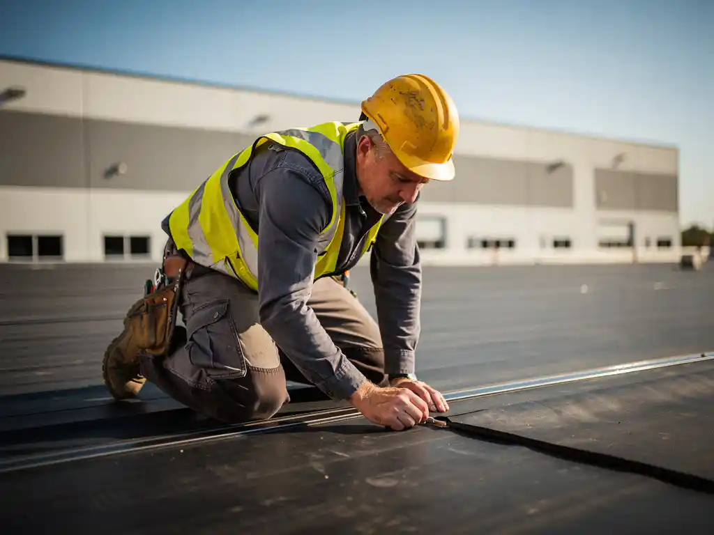 Dakspecialist inspecteert naad op donker bitumineus plat dak van commercieel pand onder heldere blauwe lucht.