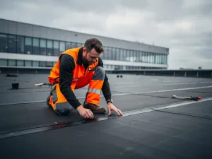 Dakspecialist in oranje werkkleding inspecteert bitumineus membraan op commercieel plat dak, kantoorgebouw op achtergrond.