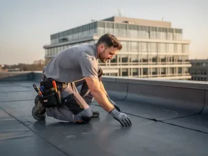 Dakspecialist inspecteert bitumineuze membraan op plat commercieel dak, kantoorgebouw zichtbaar onder heldere Nederlandse lucht.