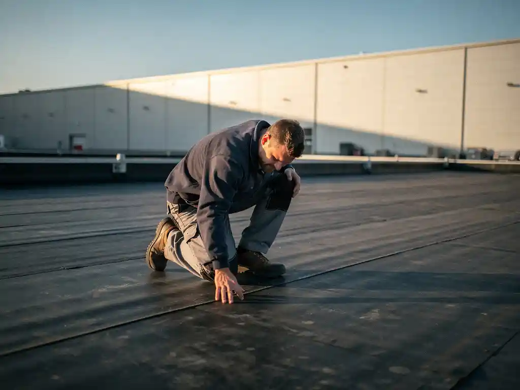 Dakspecialist inspecteert bitumineus membraan op plat commercieel dak, industrieel magazijn op achtergrond in warm zonlicht.