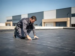 Dakspecialist inspecteert naadloos bitumineus membraan op plat commercieel dak bij helder daglicht.