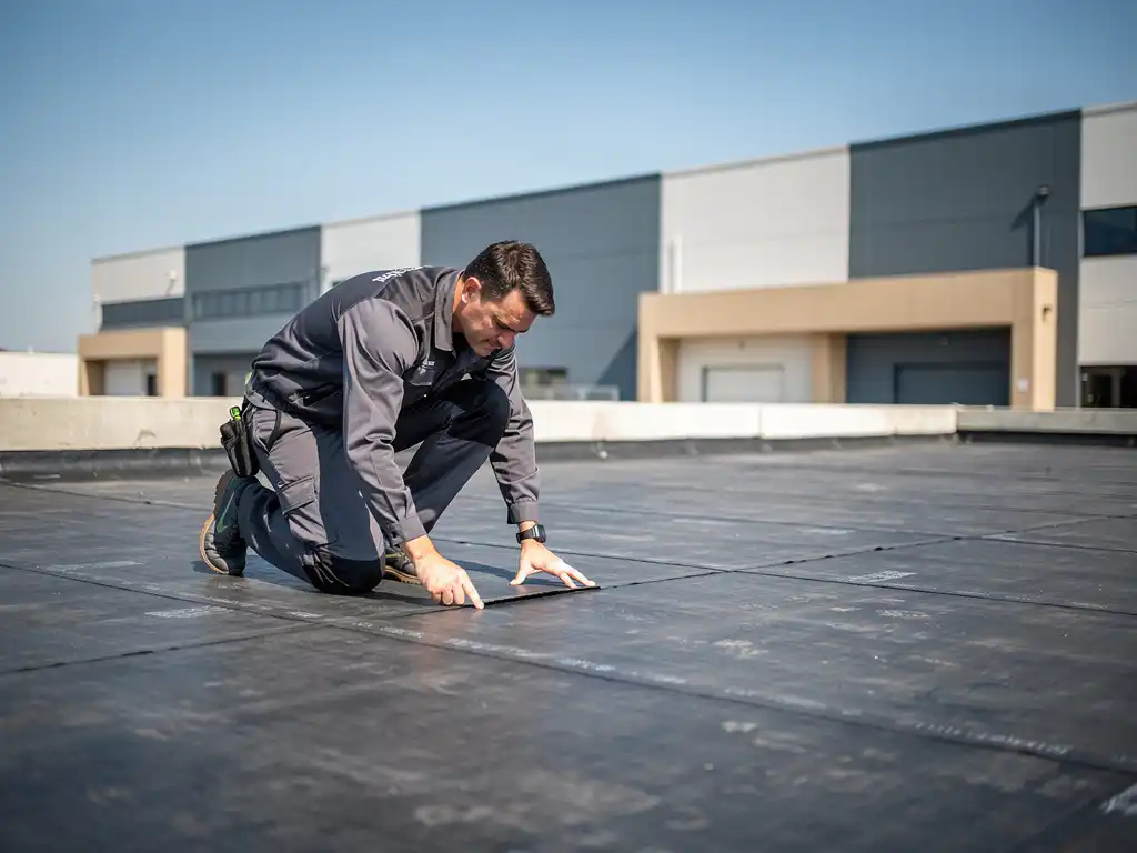 Dakspecialist inspecteert naadloos bitumineus membraan op plat commercieel dak bij helder daglicht.