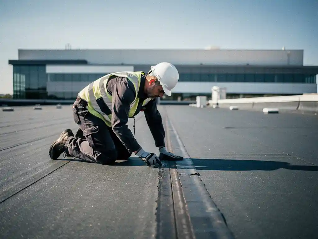 Dakspecialist inspecteert naad van plat bitumineus dak bij modern magazijn onder heldere blauwe lucht.