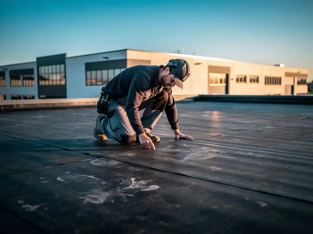 Dakspecialist inspecteert donker bitumineus membraan op plat commercieel dak met modern gebouw op achtergrond.