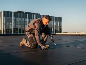 Dakspecialist inspecteert plat bitumineus dak van commercieel gebouw onder heldere blauwe lucht.