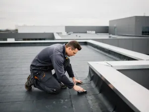 Dakspecialist inspecteert bitumineuze membraanlaag op plat commercieel dak bij bewolkt daglicht.