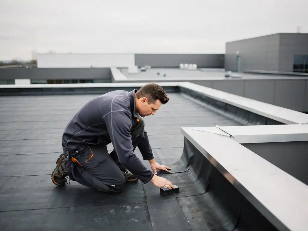 Dakspecialist inspecteert bitumineuze membraanlaag op plat commercieel dak bij bewolkt daglicht.
