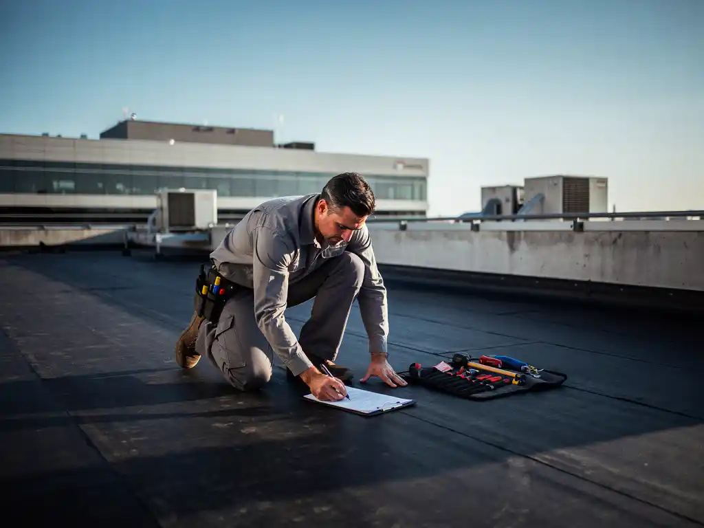 Dakspecialist inspecteert bitumineus membraan op plat commercieel dak onder heldere blauwe lucht.