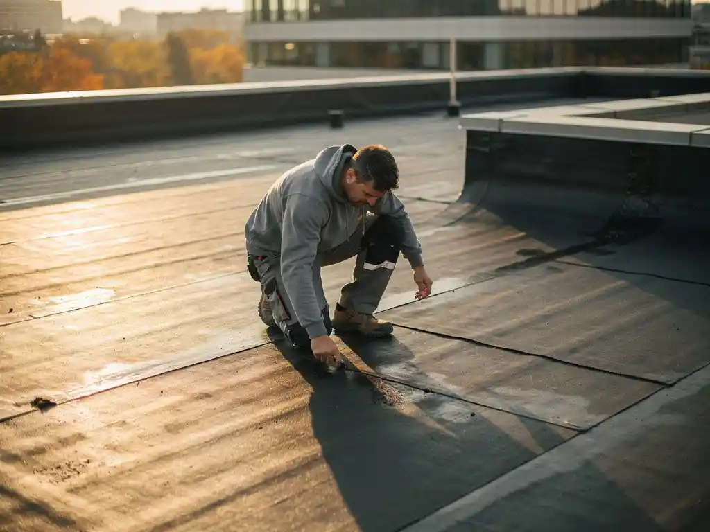 Dakspecialist inspecteert bitumineuze membraan op plat commercieel dak, gouden herfstlicht, modern kantoorgebouw op achtergrond.