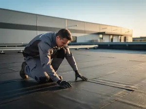 Dakspecialist inspecteert bitumineuze membraan op plat commercieel dak, industrieel gebouw en blauwe lucht op de achtergrond.