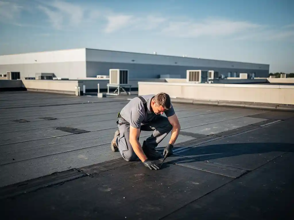 Dakspecialist inspecteert bitumineuze membraan op plat commercieel dak, industrieel magazijn en blauwe lucht op de achtergrond.
