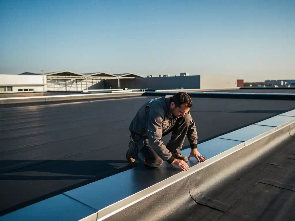 Dakspecialist inspecteert plat bitumineus dak van commercieel gebouw onder heldere blauwe lucht.