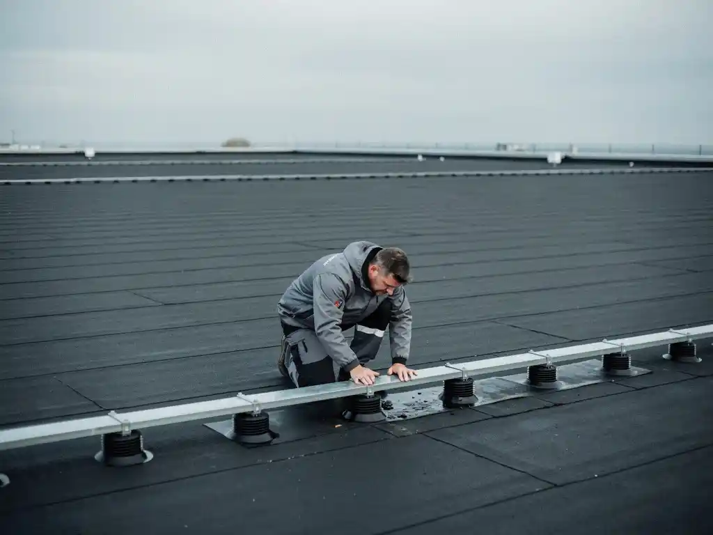 Dakspecialist inspecteert afvoerputten op een plat bitumineus dak van een commercieel pand voor de winter.