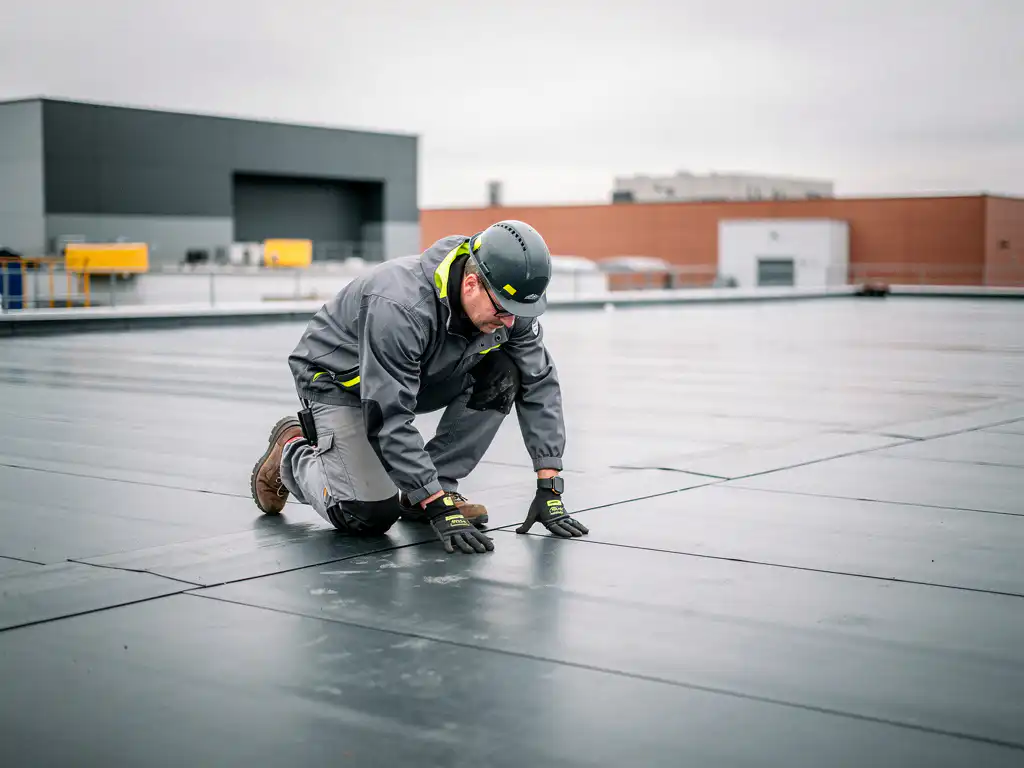 Dakspecialist inspecteert plat bitumineus dakmembraan van commercieel gebouw bij bewolkt daglicht.