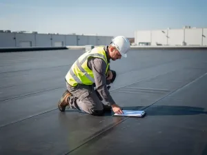 Dakspecialist inspecteert plat commercieel bitumendak met klembord, industriële gebouwen op achtergrond onder heldere blauwe lucht.