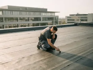 Dakspecialist inspecteert bitumineuze membraanlaag op groot plat commercieel dak in Utrecht bij helder daglicht.