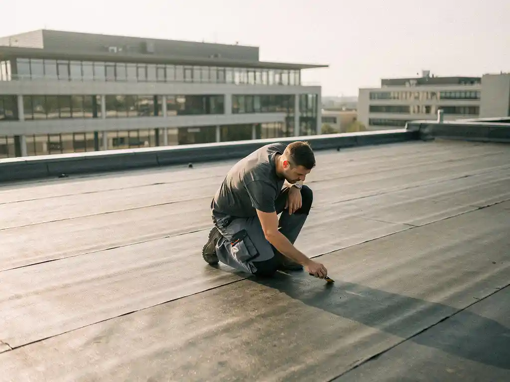 Dakspecialist inspecteert bitumineuze membraanlaag op groot plat commercieel dak in Utrecht bij helder daglicht.