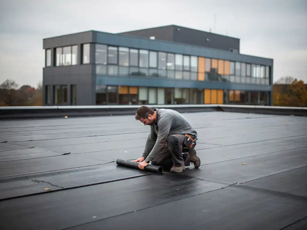 Dakspecialist inspecteert bitumineuze membraan op plat commercieel dak in Utrecht, bewolkte herfstlucht op de achtergrond.