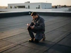Dakspecialist knielt op plat commercieel dak en noteert inspectiegegevens op klembord, bitumineus membraan op de achtergrond.