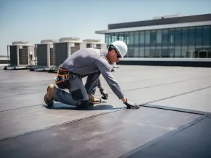 Dakspecialist inspecteert bitumineus membraan op plat commercieel dak, met HVAC-units en kantoorgebouw op de achtergrond.