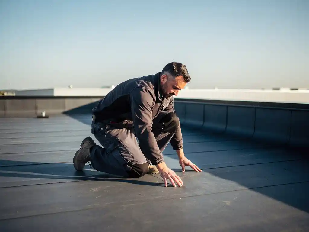 Dakspecialist knielt op een vlak commercieel bitumineus dakdek en inspecteert het naadloze oppervlak onder een heldere blauwe lucht.