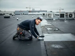 Dakspecialist knielt op plat bitumineus dak van commercieel gebouw en inspecteert het membraan, industriële skyline op achtergrond.