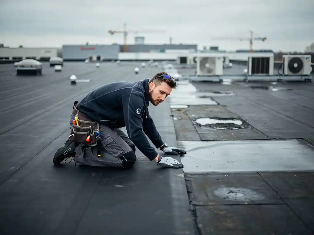 Dakspecialist knielt op plat bitumineus dak van commercieel gebouw en inspecteert het membraan, industriële skyline op achtergrond.