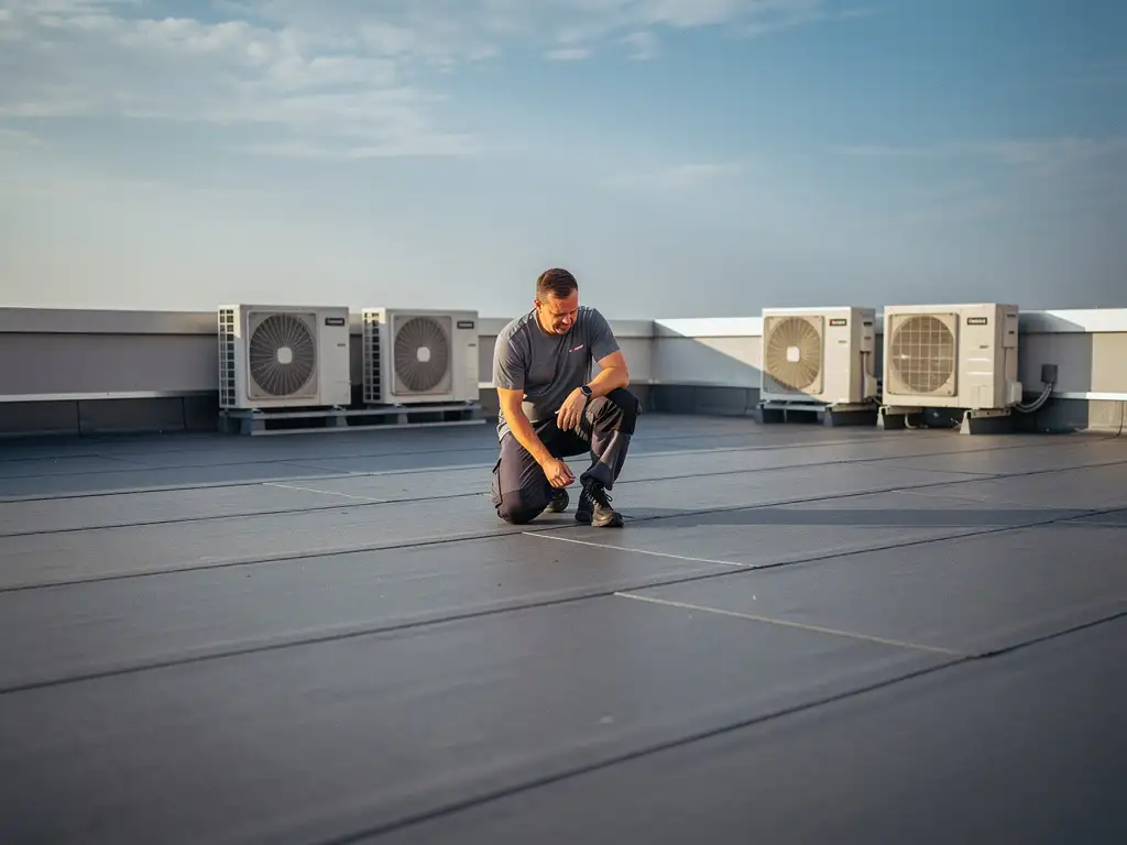 Dakspecialist inspecteert naadloos bitumineus plat dak van modern appartementencomplex met zichtbare HVAC-units en borstweringen.