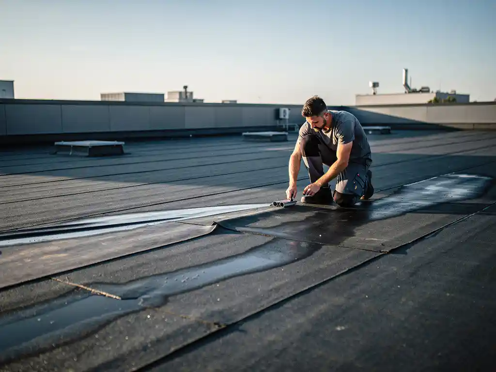 Dakspecialist inspecteert naadloos bitumineus plat dak van commercieel gebouw, afvoerdetails zichtbaar onder heldere blauwe lucht.