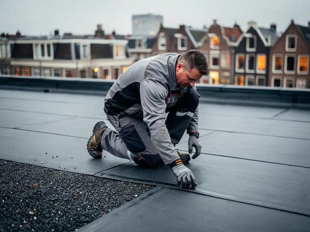 Dakspecialist inspecteert naadloos bitumineus plat dak van Amsterdams appartementencomplex met stadssilhouet op achtergrond.