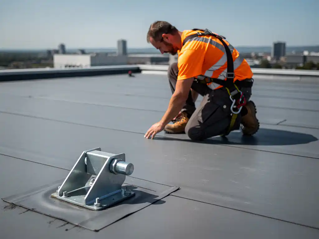 Dakspecialist in veiligheidsharnas inspecteert bitumineus plat dak van commercieel gebouw, industriële skyline op de achtergrond.