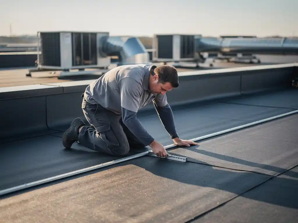 Dakspecialist inspecteert naad van bitumineuze platte dak met gereedschap, HVAC-units op commercieel gebouw op achtergrond.