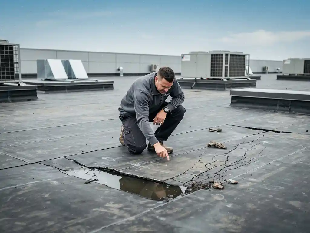 Dakspecialist inspecteert verweerde platte dakmembraan met waterplassen en scheuren op commercieel gebouw.
