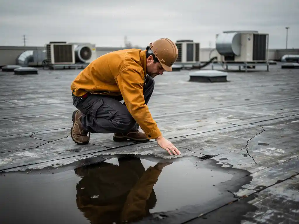 Dakspecialist inspecteert verweerde membraan van plat dak met waterplassen en scheuren op commercieel gebouw.