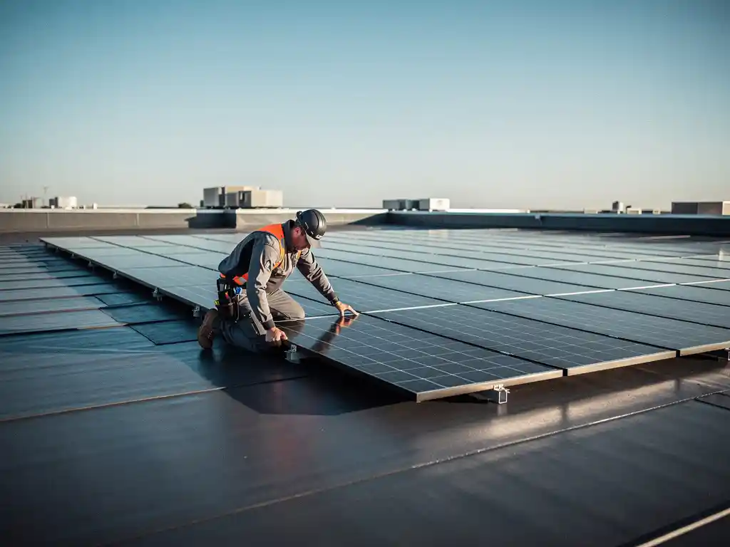 Dakspecialist installeert zonnepanelen op plat commercieel dak naast bitumineuze dakbedekking, blauwe lucht op de achtergrond.